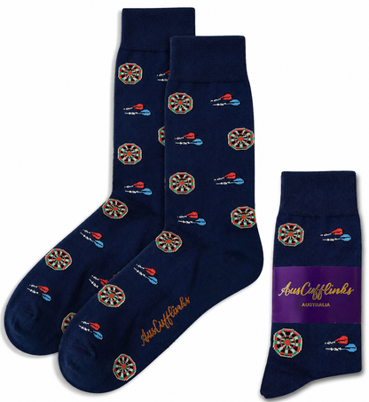 Darts Socks in navy blue with dartboard and dart designs, featuring the "AussieCufflinks Australia" label—fun novelty gift socks ideal for darts fans.