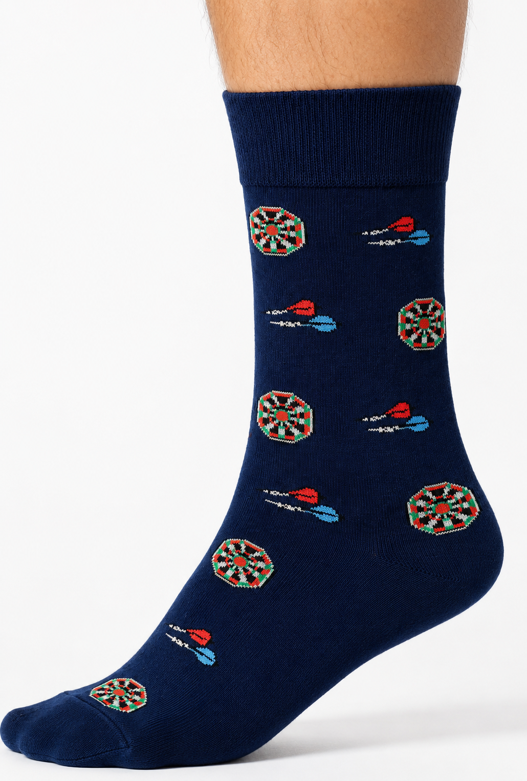 Darts Socks in navy blue featuring dartboard patterns with red and blue darts, shown on a foot against a white background—fun novelty socks for any darts enthusiast.