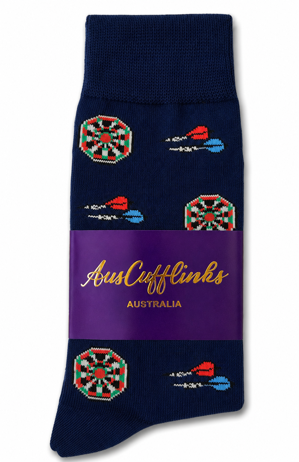 Darts Socks: Navy blue novelty socks with a repeating dartboard and dart pattern, packaged with a purple AusCufflinks Australia label—ideal as unique darts-themed gift socks.