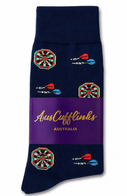 Darts Socks: Navy blue novelty socks with a repeating dartboard and dart pattern, packaged with a purple AusCufflinks Australia label—ideal as unique darts-themed gift socks.