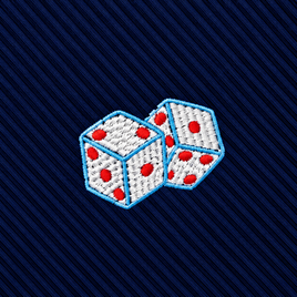 Two white dice with red dots and blue outlines are embroidered on a dark blue, diagonally striped fabric background, making the Dice Skinny Tie the perfect novelty accessory for game enthusiasts.
