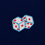 Two white dice with red dots and blue outlines are embroidered on a dark blue, diagonally striped fabric background, making the Dice Skinny Tie the perfect novelty accessory for game enthusiasts.