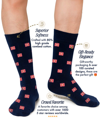 A person wears Medical Cross Socks in navy blue with a red cross pattern, known for their softness, special gift packaging, and popularity among healthcare professionals.