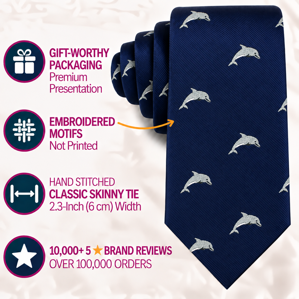 The Dolphin Skinny Tie features a rich navy blue design adorned with embroidered dolphin motifs, and is presented with text showcasing its gift packaging, classic width, hand-stitched details, and strong customer reviews—making it an exceptional choice for anyone searching for a distinctive marine-inspired accessory.