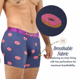 A man models Donuts Underwear in navy with pink donut prints; a close-up shows fabric perforations and highlights its breathable design, making this quirky underwear a standout choice.