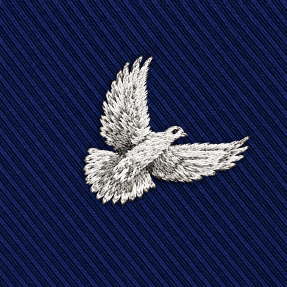 A white embroidered dove with outstretched wings graces the deep blue, diagonally-ribbed fabric of the Dove Skinny Tie, creating a timelessly elegant and symbolic accessory.