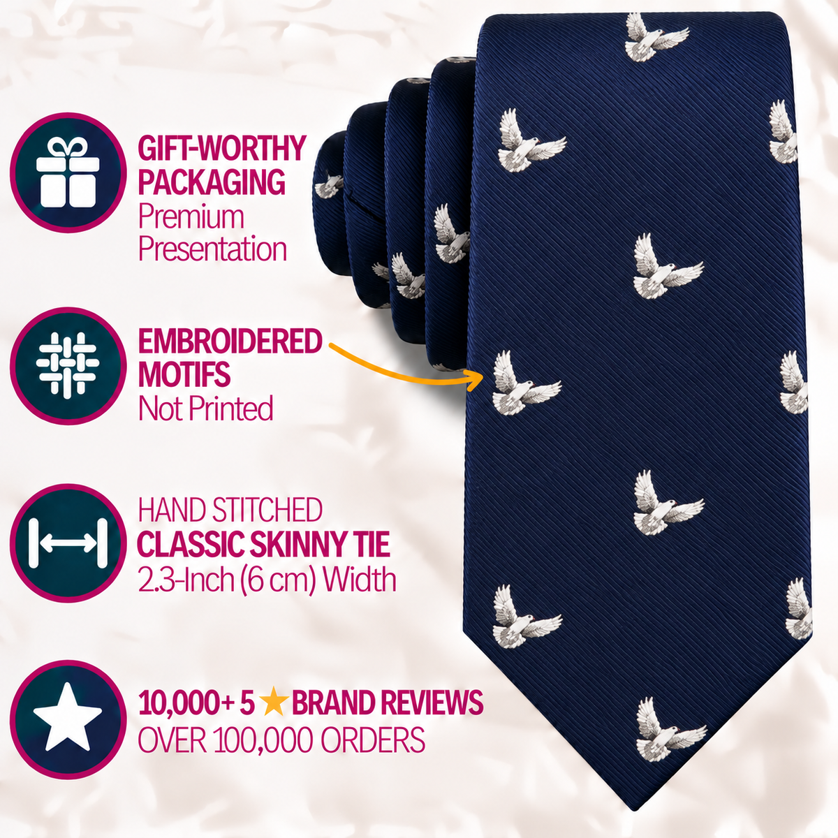 Introducing the Dove Skinny Tie in navy blue, featuring delicate hand-stitched white dove embroidery and a sleek 6 cm width. Presented in gift packaging and praised with premium reviews, this meaningful necktie effortlessly elevates any outfit with elegance and symbolic style. Perfect for those seeking a refined white dove print tie to add significance to their look.
