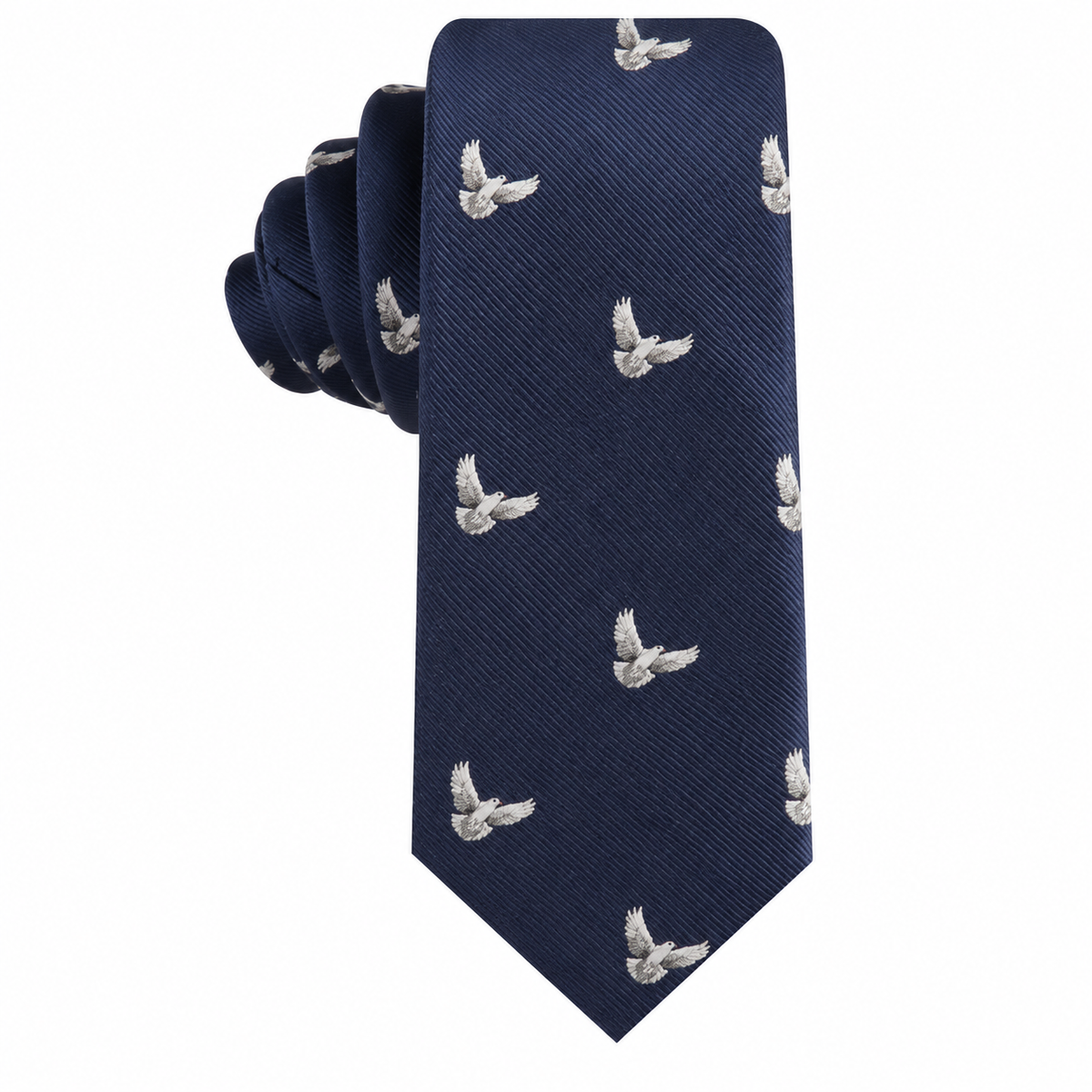 The Dove Skinny Tie is a navy blue necktie adorned with a repeating pattern of small, white embroidered doves.