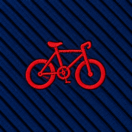 Introducing the Cyclist Skinny Tie: featuring a red embroidered bicycle on dark blue, diagonally ribbed fabric—a perfect choice for anyone seeking unique fashion accessories inspired by cycling.