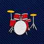 The Drums Skinny Tie features an embroidered red and white drum set with yellow cymbals on a blue, diagonally striped fabric background—an eye-catching percussion-themed accessory that’s the perfect gift for any music lover.