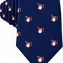 Drums Skinny Tie featuring a repeating pattern of small red and white drum sets with yellow cymbals on a navy blue background—a perfect percussion-themed gift for any music lover.