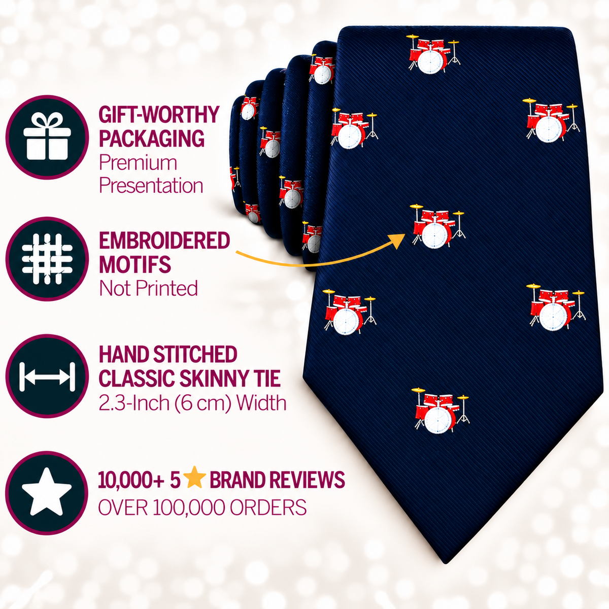 Introducing the Drums Skinny Tie, showcased here in stylish navy blue and adorned with small embroidered drum set motifs—an ideal percussion-themed accessory for any music lover. Standout features include premium packaging, meticulous stitching, and glowing positive reviews.