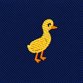 The Duck Skinny Tie features a charming embroidered yellow duck on a blue diagonal striped fabric, reminiscent of a classic yellow duckling animal print design.