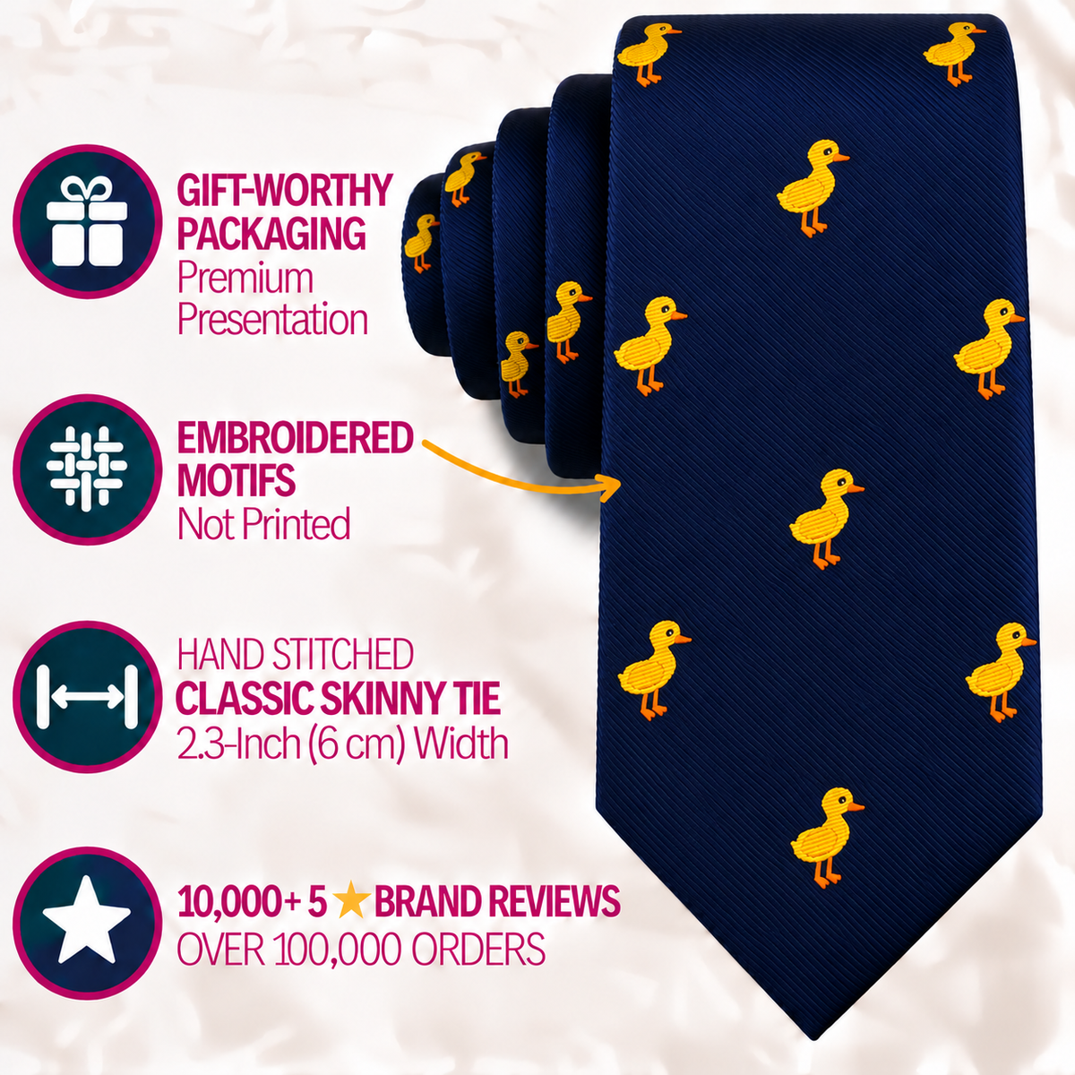 Duck Skinny Tie in navy blue, featuring yellow embroidered duck motifs—a charming yellow duckling accessory—presented with icons for gift packaging, embroidery details, hand stitching, and excellent brand reviews.