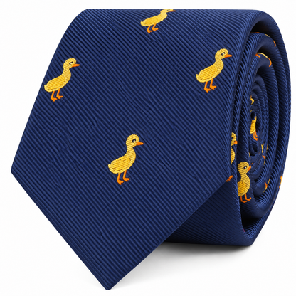 Introducing the Duck Skinny Tie in navy blue, showcasing a neatly rolled display and a charming repeating pattern of small embroidered yellow ducks. This stylish necktie offers a playful yet subtle take on animal print, making it an ideal addition for those looking to add unique flair to their accessory collection.