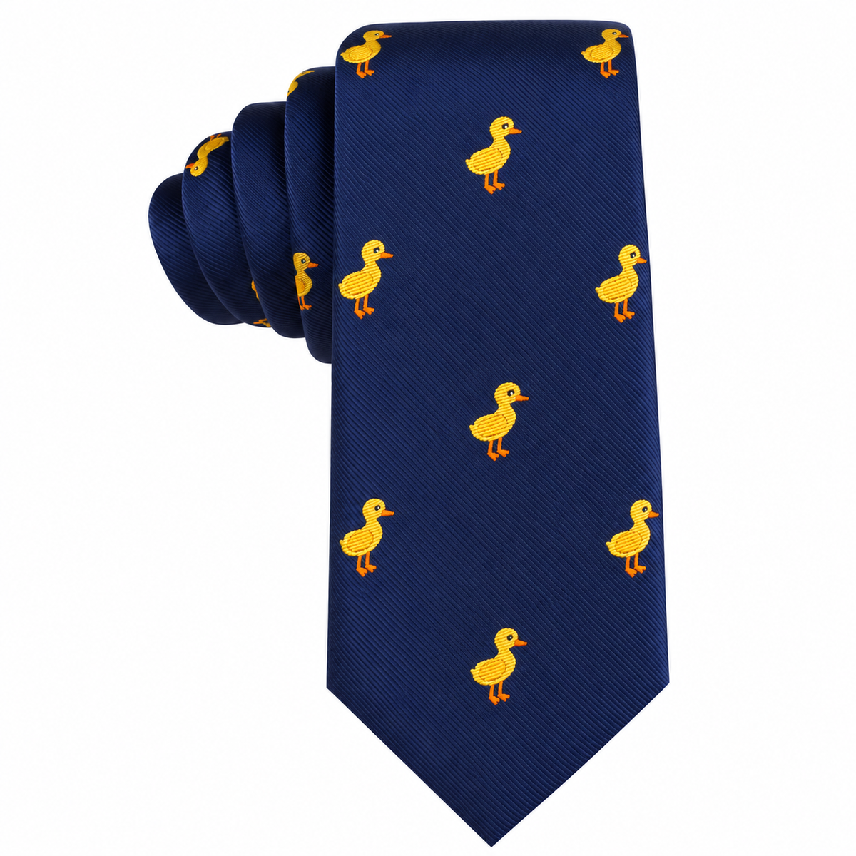 The Duck Skinny Tie features a navy blue base with a repeating pattern of small yellow embroidered ducks, adding a playful touch to any outfit.