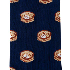 A blue and white knitted Dumpling Socks fabric with a pattern of food that resembles socks.