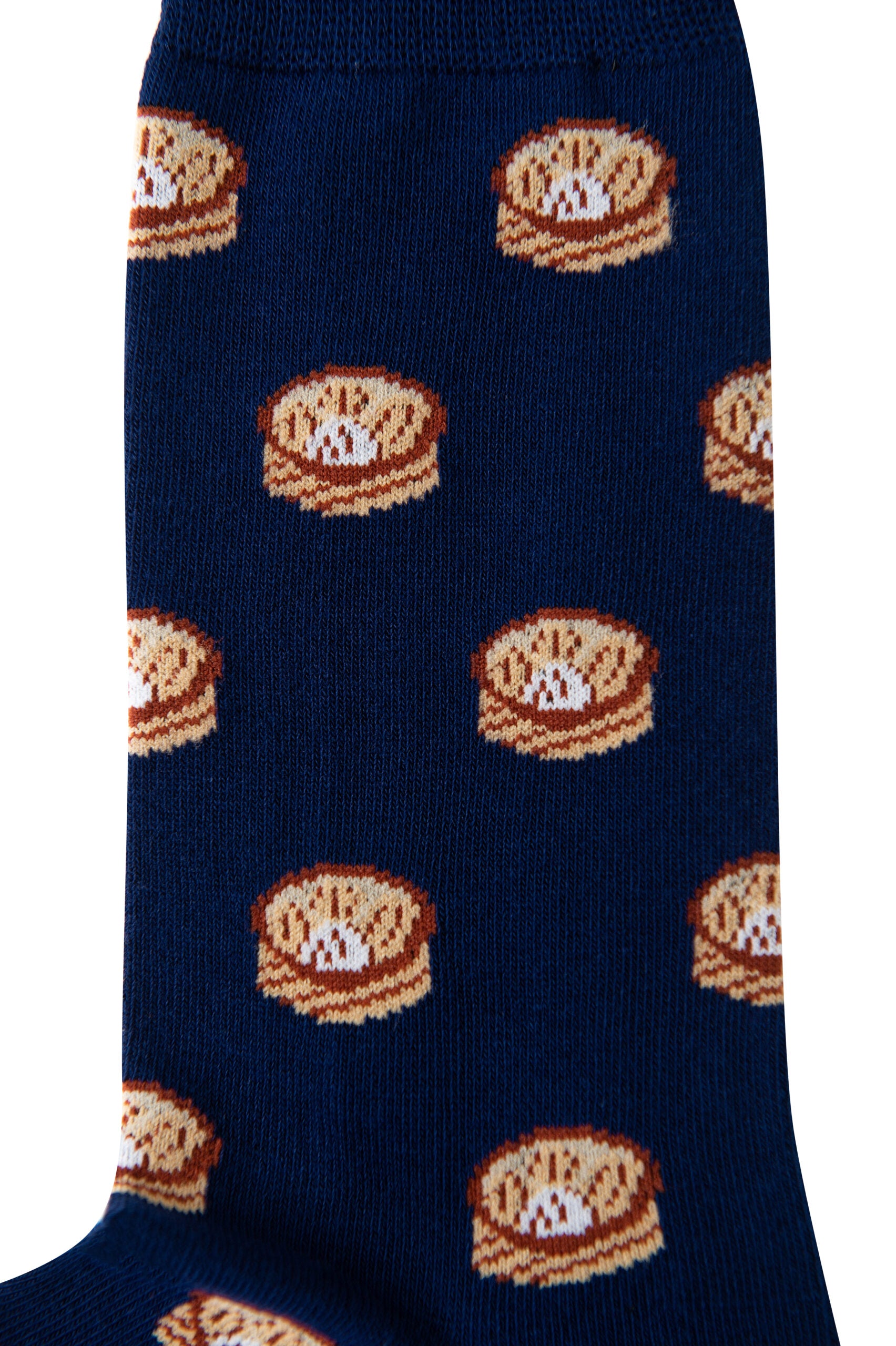 A blue and white knitted Dumpling Socks fabric with a pattern of food that resembles socks.