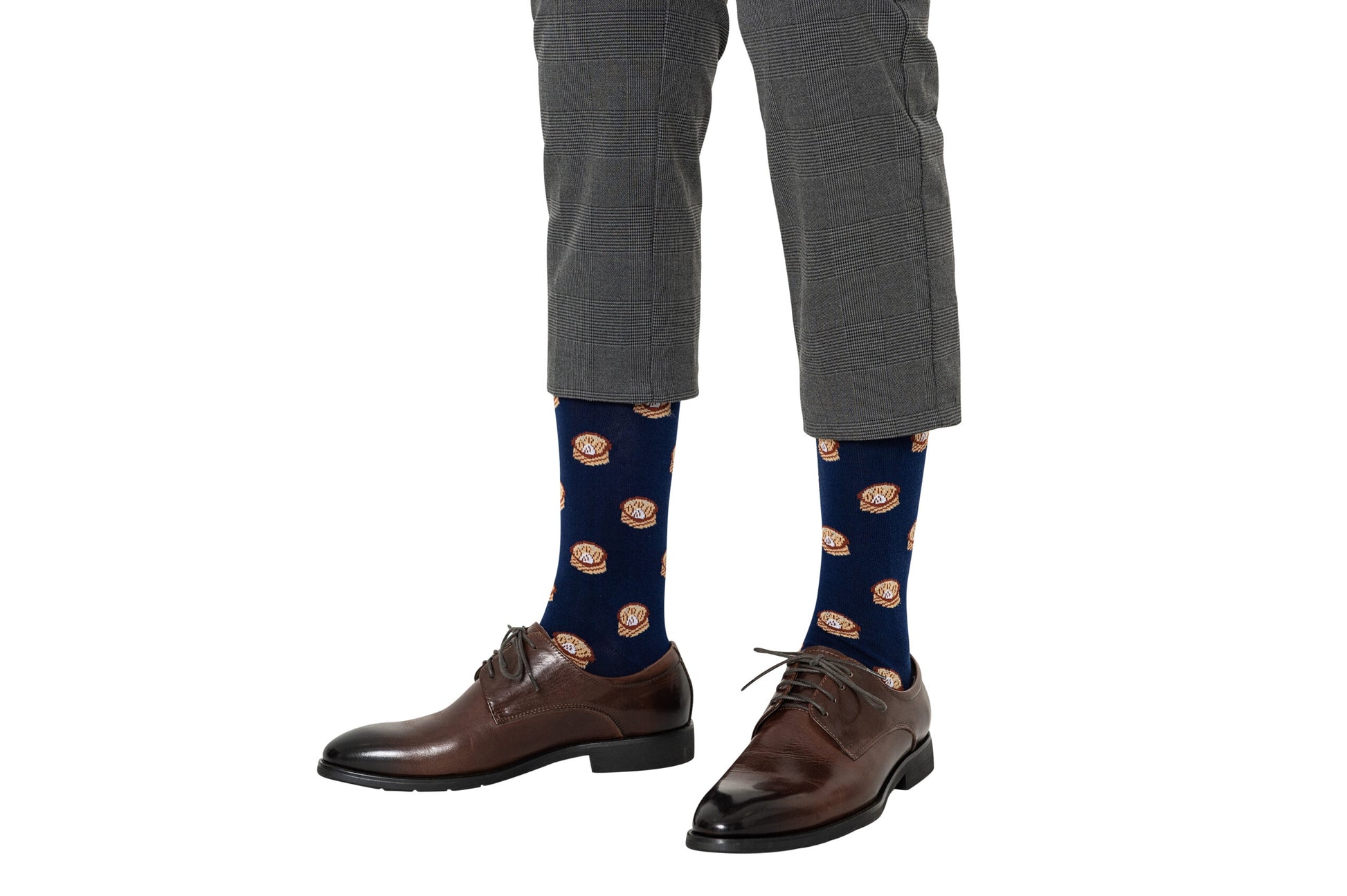 A man wearing a pair of Dumpling Socks.