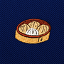 Introducing the Dumplings Skinny Tie—featuring an embroidered patch of four steamed dumplings nestled in a round bamboo basket, set against a dark blue diagonal striped background. This tie makes a perfect unique foodie gift or a playful addition to any dumpling lover’s wardrobe.