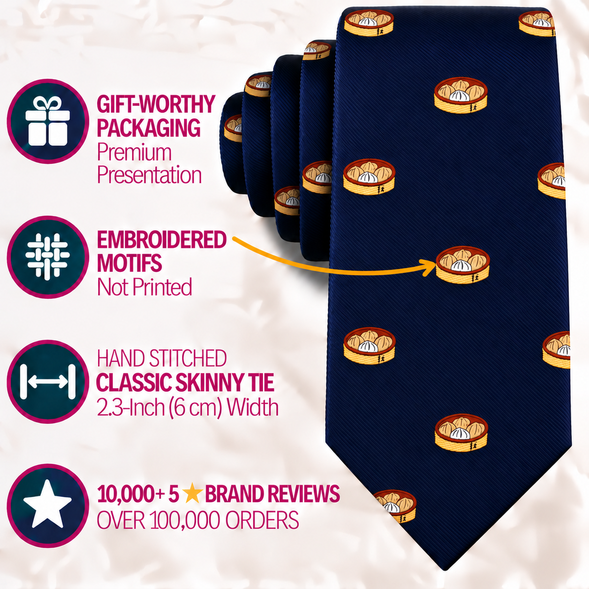 Dumplings Skinny Tie in navy blue features embroidered dim sum motifs and a classic skinny width—an ideal gift for any foodie. Displayed with details about its packaging, meticulous hand-stitching, and customer reviews on a stylish patterned background.