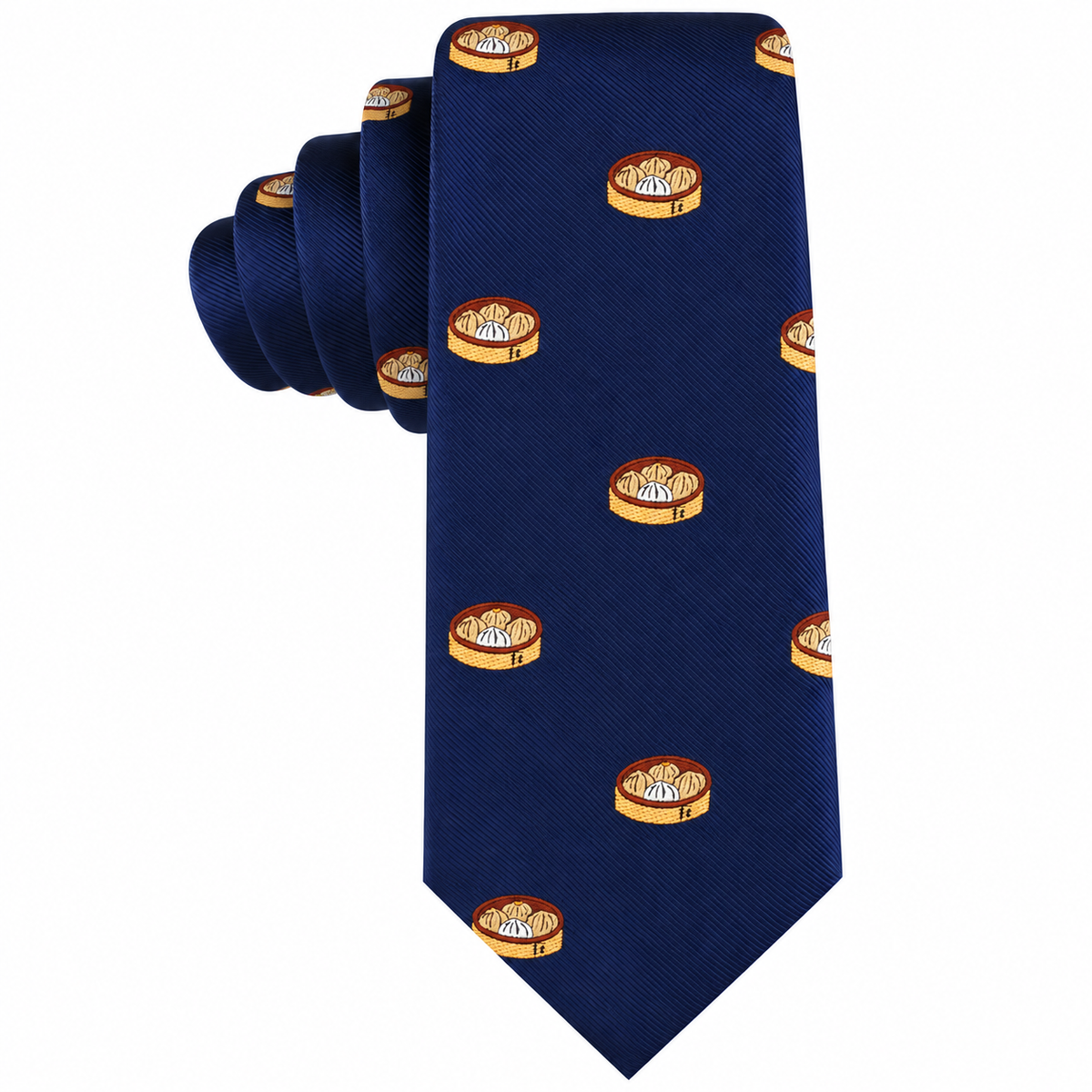 Dumplings Skinny Tie: A navy blue necktie featuring small embroidered images of dim sum bamboo steamers and dumplings, evenly spaced across the fabric—the perfect dumpling-themed accessory and a unique foodie gift.