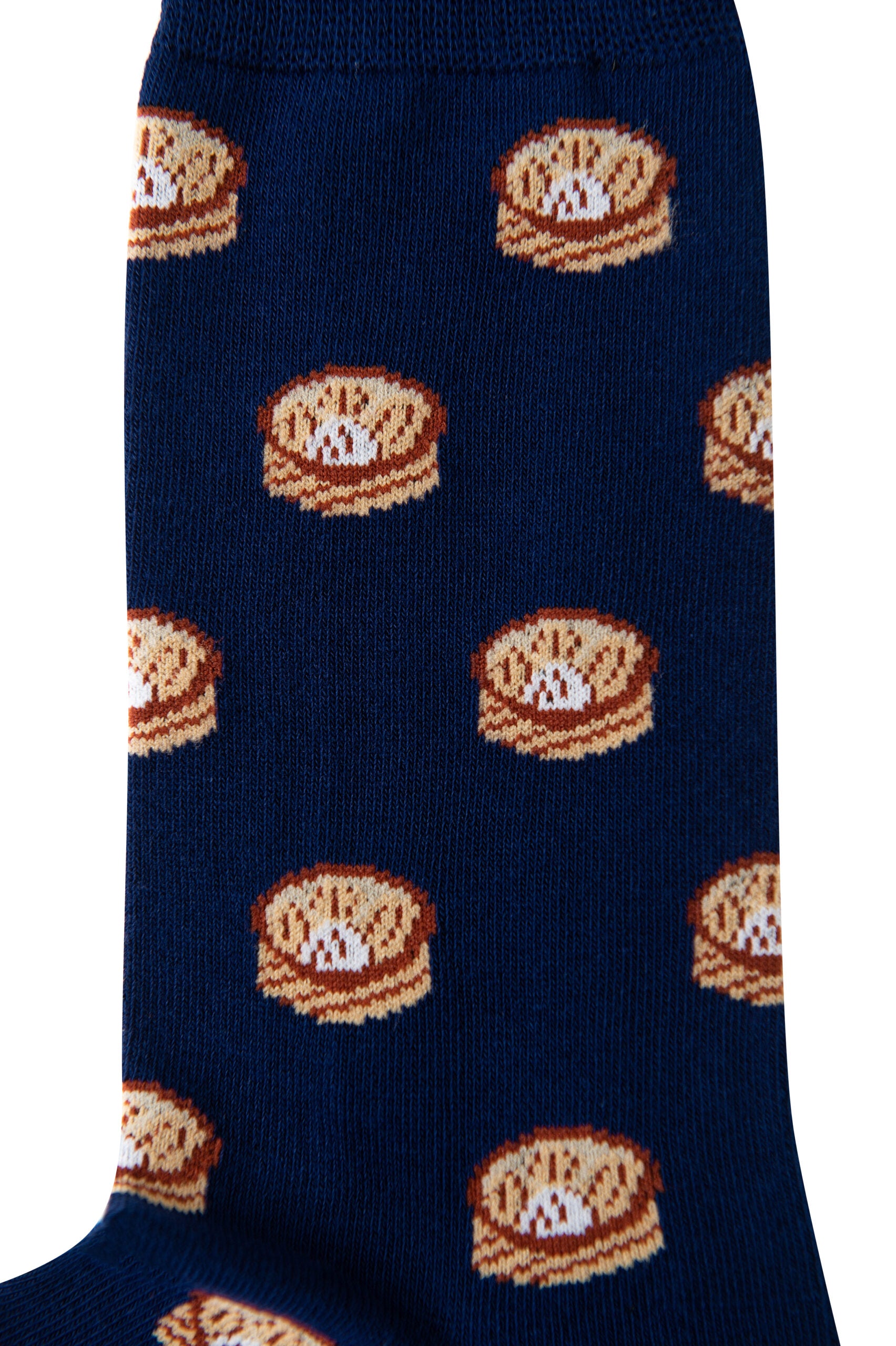 A blue and white knitted Dumpling Lover Socks fabric with a pattern of food that resembles socks.
