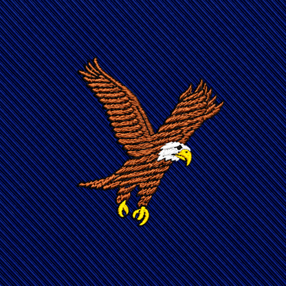 Add a bold touch to your collection with the Eagle Bird Skinny Tie, featuring an embroidered eagle with outstretched wings, a white head, and yellow beak and talons on a diagonal navy blue textured background.