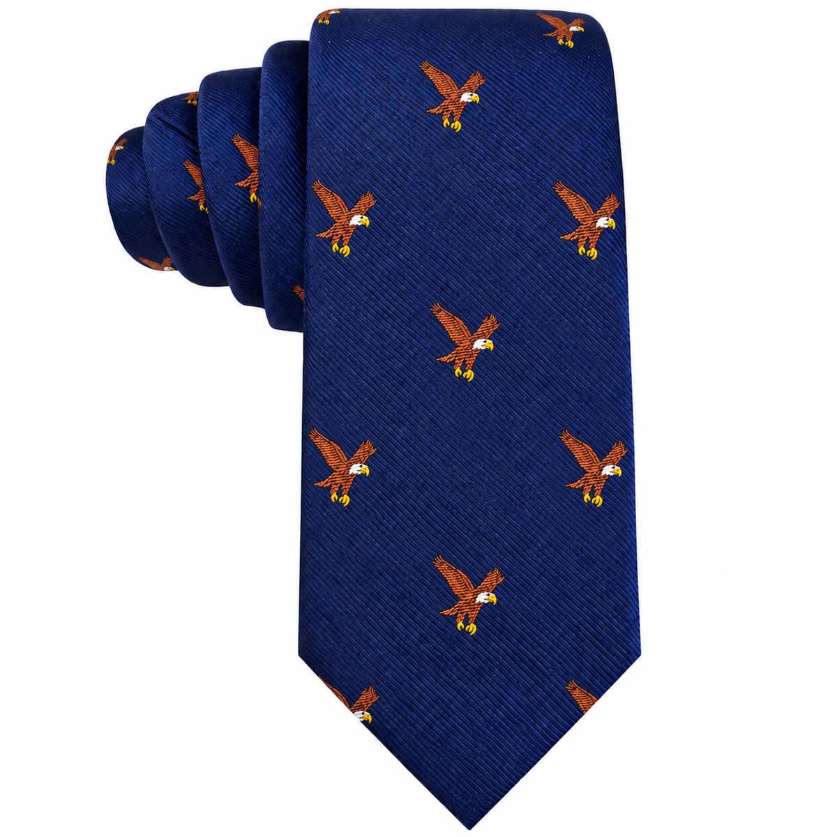 The Eagle Bird Skinny Tie is a blue skinny tie adorned with a repeating pattern of embroidered brown and yellow eagles in flight.