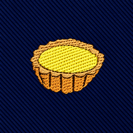Embroidered patch featuring a yellow egg tart with a brown crust set against a dark blue, diagonal striped fabric background—ideal for adding flair to the Egg Tart Skinny Tie or gifting to food enthusiasts.