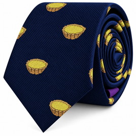 Introducing the Egg Tart Skinny Tie—a navy blue necktie adorned with a repeating embroidered egg tart pattern and finished with a subtle purple accent on the tip. This pastry-inspired accessory is the ideal gift for foodies who appreciate unique, delicious style.
