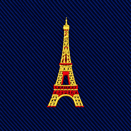 An embroidered yellow and red Eiffel Tower icon on a dark blue ribbed Eiffel Tower Skinny Tie.