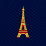 An embroidered yellow and red Eiffel Tower icon on a dark blue ribbed Eiffel Tower Skinny Tie.