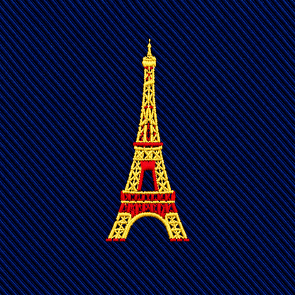 An embroidered yellow and red Eiffel Tower icon on a dark blue ribbed Eiffel Tower Skinny Tie.