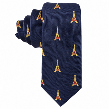 Eiffel Tower Skinny Tie in navy blue with a repeating gold Eiffel Tower pattern.
