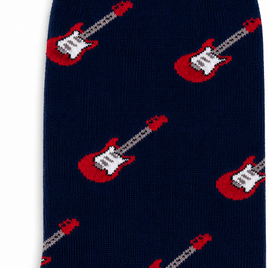 Close-up of Electric Guitar Socks in navy blue, featuring a repeating red and white electric guitar pattern—perfect for music lovers.