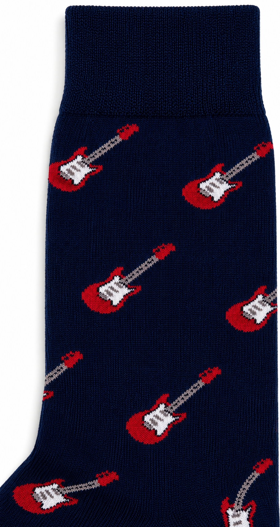 Close-up of Electric Guitar Socks in navy blue, featuring a repeating red and white electric guitar pattern—perfect for music lovers.