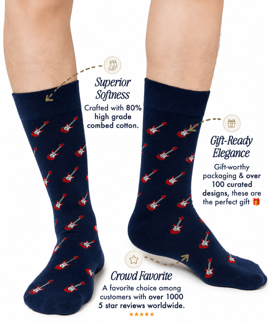 Electric Guitar Socks: navy blue socks with red guitar patterns, known for their softness, come in gift-ready packaging, and are popular among fans of music-themed socks.
