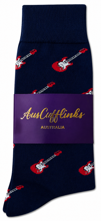Electric Guitar Socks: Navy blue socks featuring a repeating red guitar pattern, finished with a purple AusCufflinks Australia label—an ideal choice to add music-themed flair to any outfit.