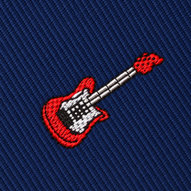 An embroidered red electric guitar on a dark blue ribbed Electric Guitar Skinny Tie.