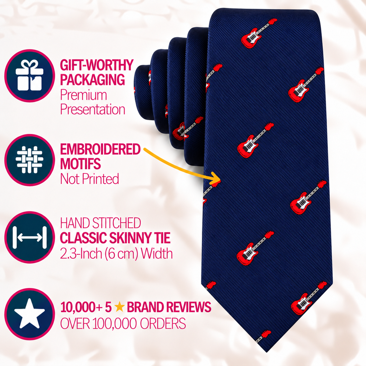Electric Guitar Skinny Tie in navy blue with a red motif pattern, featuring gift packaging, embroidered details, a 2.3-inch width, and brand review statistics.