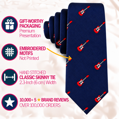 Electric Guitar Skinny Tie in navy blue with a red motif pattern, featuring gift packaging, embroidered details, a 2.3-inch width, and brand review statistics.