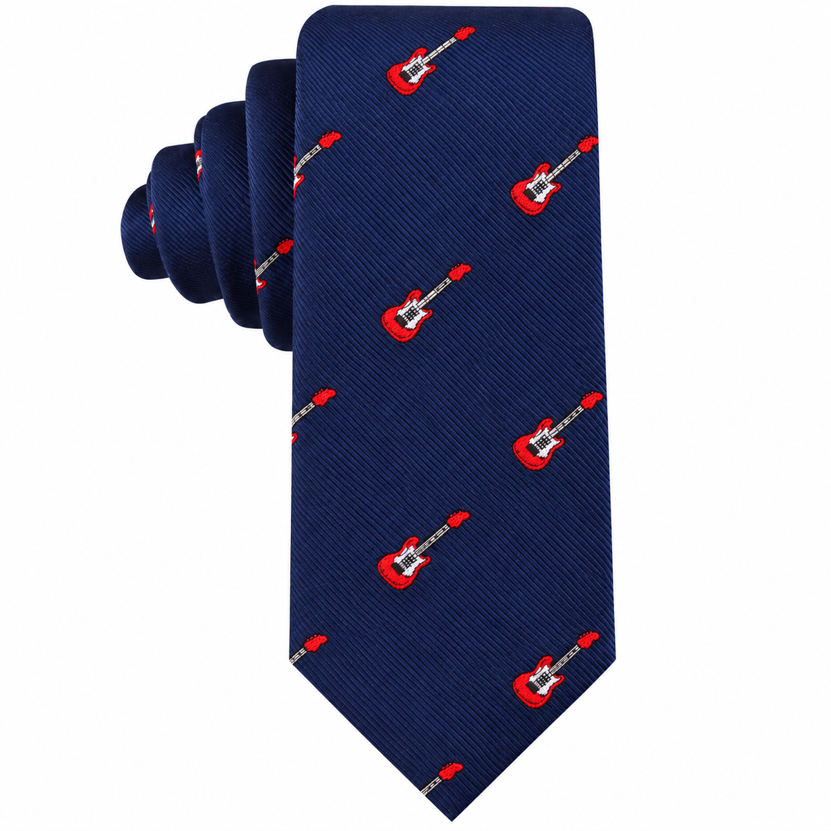Electric Guitar Skinny Tie in navy blue featuring a repeating pattern of red electric guitars.