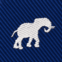 A white embroidered elephant icon on the blue diagonal-textured Elephant Skinny Tie.