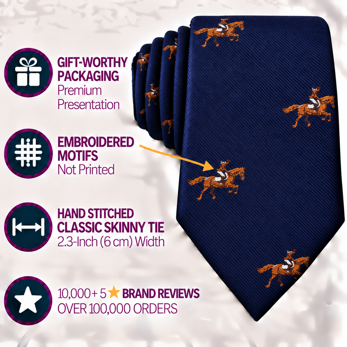 Introducing the Equestrian Skinny Tie in navy blue, featuring elegant embroidered horse and rider motifs. This hand-stitched tie is presented in premium gift packaging and has received over 10,000 five-star reviews from satisfied customers. Perfect for the Melbourne Cup or as a unique statement piece for any equestrian enthusiast seeking a distinctive and stylish accessory.
