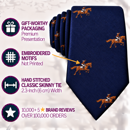 Introducing the Equestrian Skinny Tie in navy blue, featuring elegant embroidered horse and rider motifs. This hand-stitched tie is presented in premium gift packaging and has received over 10,000 five-star reviews from satisfied customers. Perfect for the Melbourne Cup or as a unique statement piece for any equestrian enthusiast seeking a distinctive and stylish accessory.