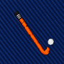 An embroidered orange field hockey stick and white ball on a Field Hockey Skinny Tie fabric background.