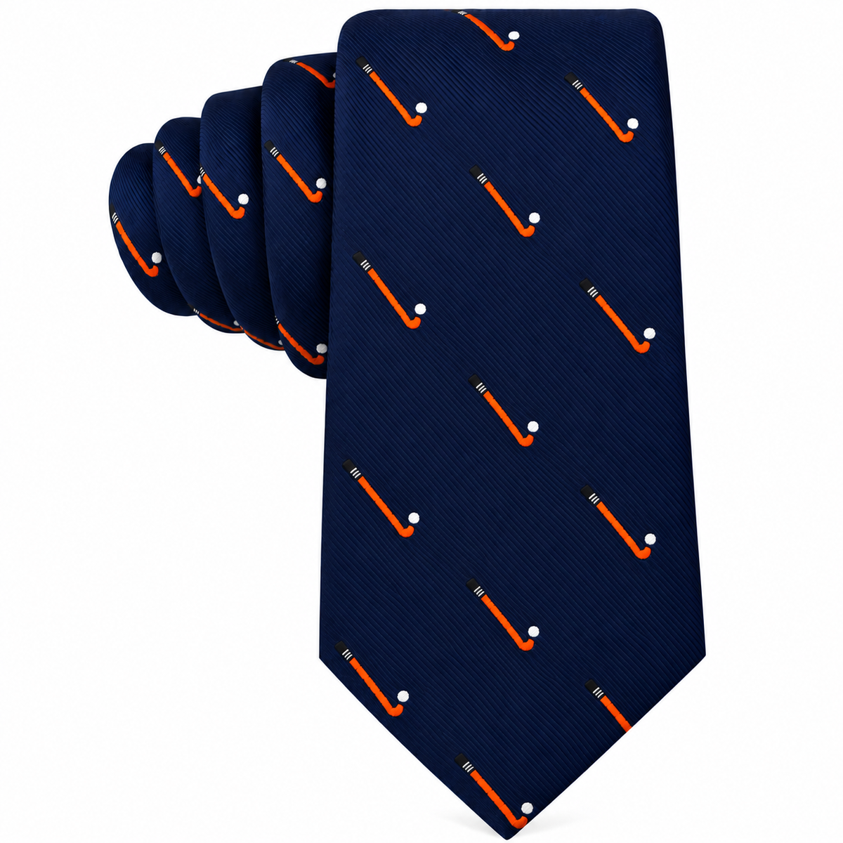 A Field Hockey Skinny Tie in navy blue with a repeating pattern of orange field hockey sticks and white balls.