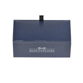 A closed blue box with a black ribbon pull tab and "AusCufflinks" in white text, perfect for ocean lovers who want stylish Fish Cufflinks.