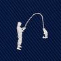 An embroidered white silhouette of a person fishing on a dark blue ribbed Fisherman Skinny Tie.